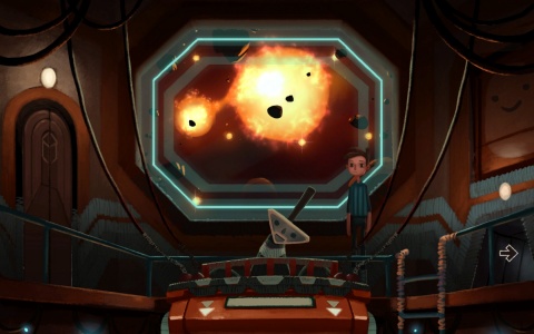 Gameplay scene from Broken Age: Shay arriving at Prima Doom