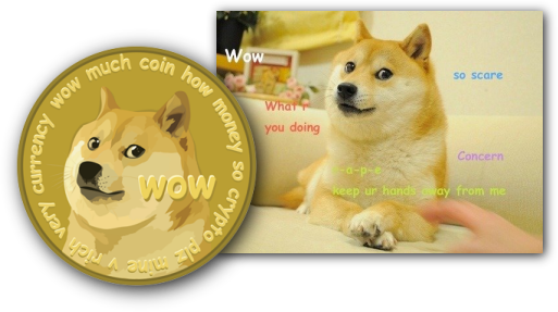 Dogecoin logo with the picture that started the meme