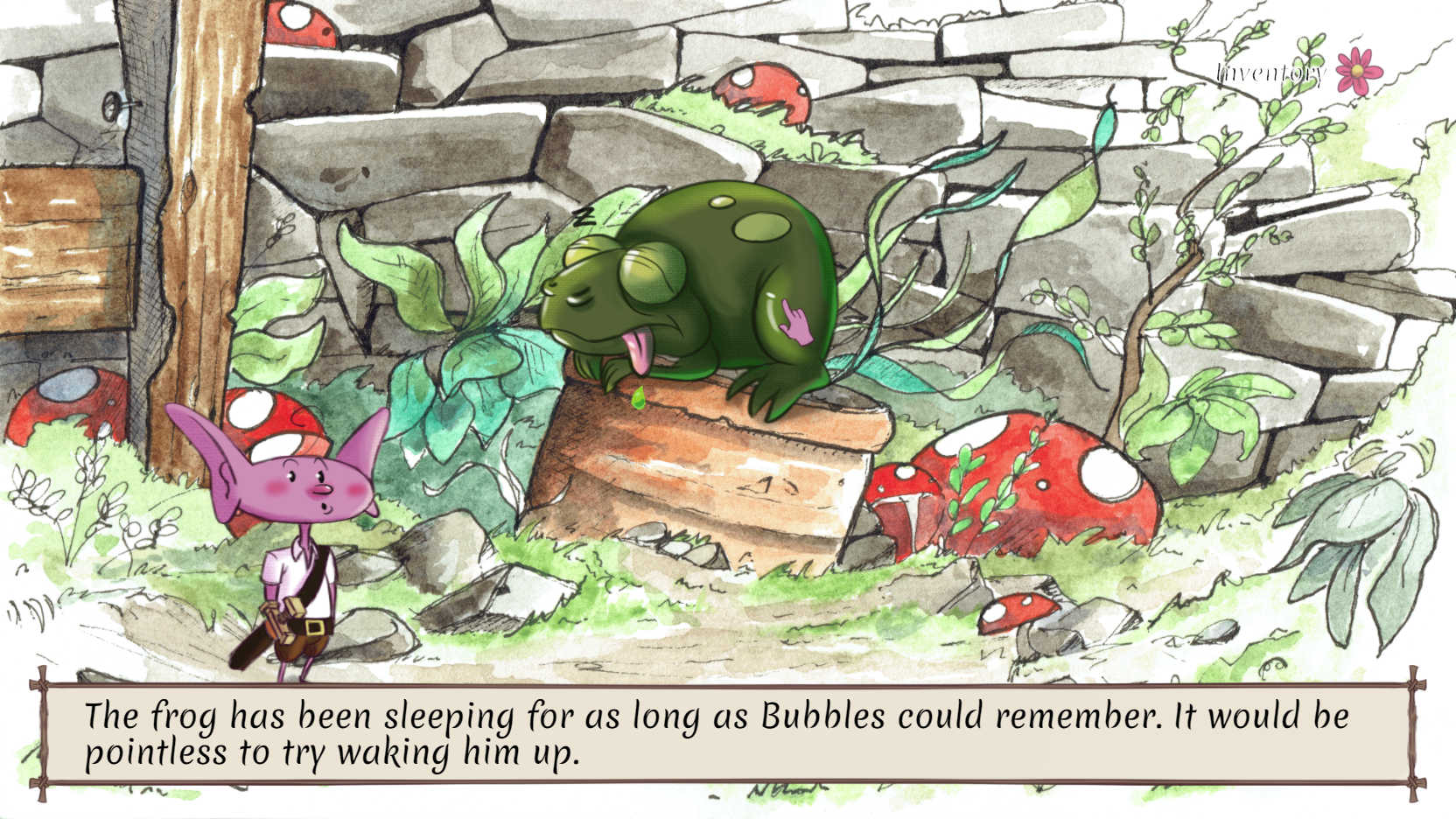 Screenshot showing Bubbles's encounter with the sleeping frog.