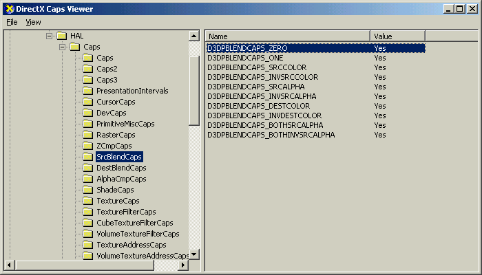 DXCapsViewer displaying some of the ATi card's capability bits