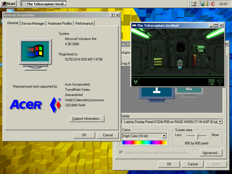 The Telescopium Incident running on a laptop with Windows Me and an underpowered ATi Rage Mobility M