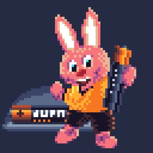 A pink bunny wearing brown shorts and a bright orange T-shirt holds up a battery. Another battery lies in the background behind him.