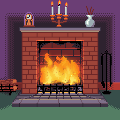 A fireplace with a fire blazing inside it, spare logs lying to the left and a tool stand to the right. On the mantle are a dome clock, a candelabra with 3 lit candles, and a porcelain vase.