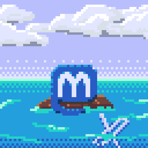 The Mastodon logo sits on a raft floating on water. Nearby, the Twitter "X" is sinking into the depths.