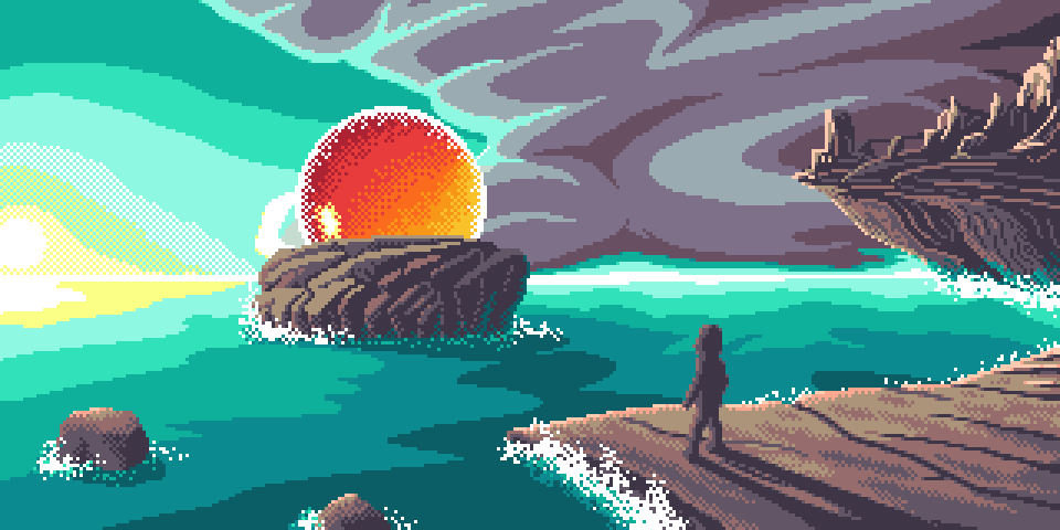 A shadowy figure stands on a rocky surface that juts out into the ocean like a natural pier. He is looking at a rocky island upon which a spherical portal sits with warm orange glow inside it. In the distance, jagged mountainous peaks looking like the post-apocalyptic ruins of a city are on a large cliff overhanging the ocean. In the background, a bright sun shines illuminating what is otherwise a very dark and huge cloud.