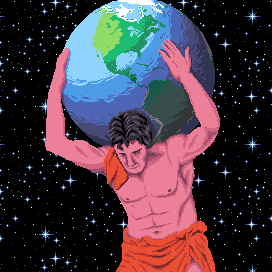 The titan Atlas, from ancient Greek mythology was condemned by Zeus to bearing the weight of the world on his shoulders. A huge muscled figure carries the globe on his shoulders set against a starry backdrop.
