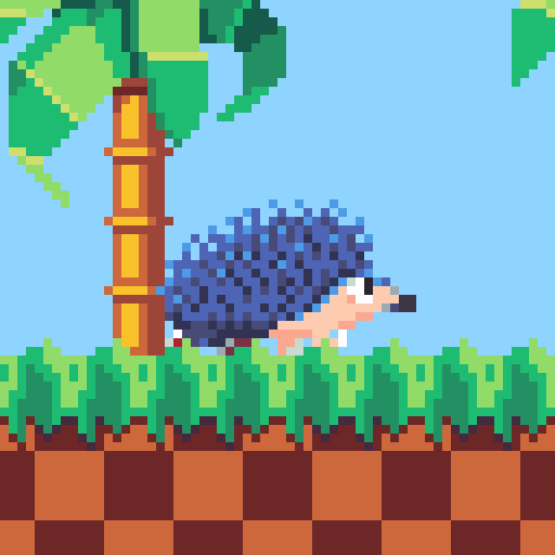 A bluish hedgehog racing across a tiled backdrop of grass and palmtrees. It appears to be wearing red sneakers and white gloves.