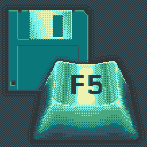 A 3.5" floppy disk with a large F5 key in the foreground. Drawn in a heavily dithered bluish green palette reminiscent of older LCD games.