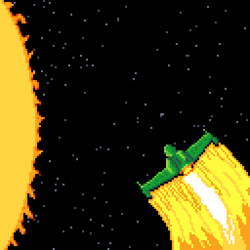 A Klingon Bird of Prey is going in for a high speed slingshot manoeuvre around the sun in order to travel back in time. This version of the image is in pure pixel art, sticking rigidly to the palette.