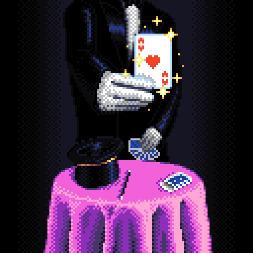A magician stands behind a round table with a top hat, magic wand and pack of cards on it. In his left hand, he holds the deck of cards. With his right hand, he magically presents your card, the ace of hearts.