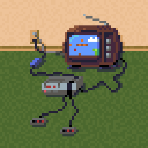 An NES console is connected to a CRT TV displaying Super Mario Bros. The backdrop has dark green carpet and cream coloured walls, evoking an early 1980s atmosphere.