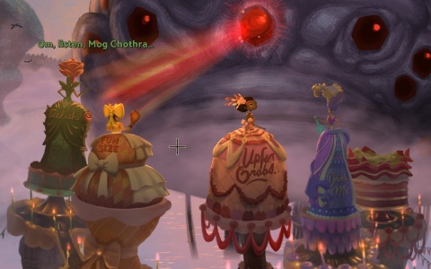 Gameplay scene from Broken Age: Vella being sacrificed to Mog Chothra