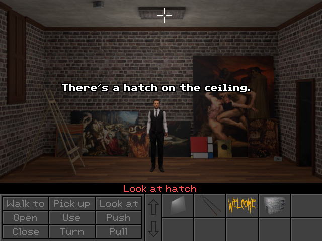 Screenshot of the protagonist looking up at a hatch on the ceiling of one of the rooms in the game