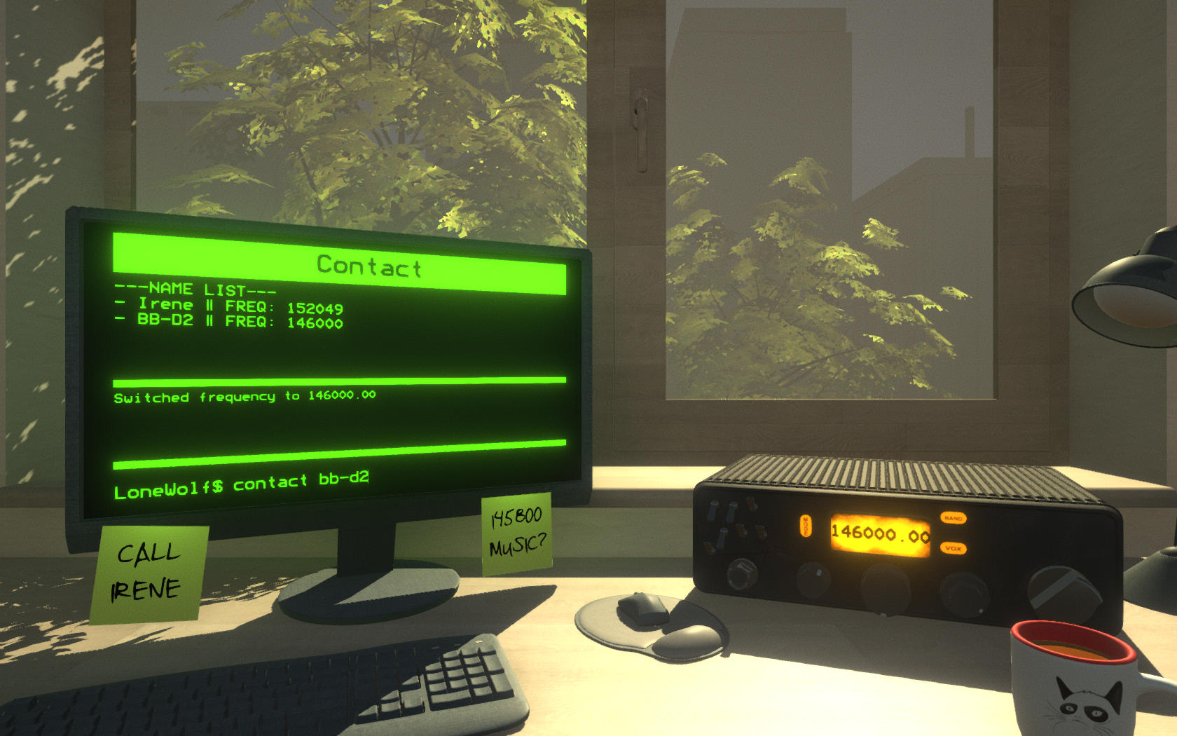 Screenshot showing the virtual computer with the text interface through which you play the game.
