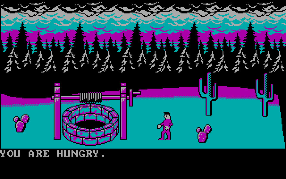 Screenshot showing the player character getting hungry near the well.