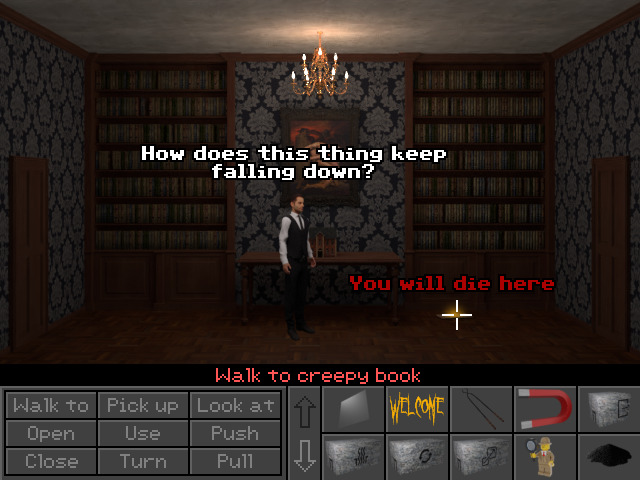 Screenshot of the devil speaking to the player through a book in the main room