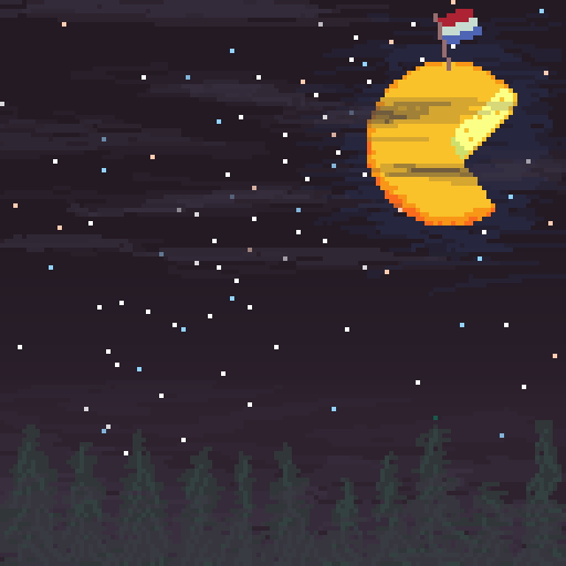 Pixel art image of a night sky with a large wheel of Gouda cheese serving as the moon. A small Dutch flag sticks out of the cheese moon.