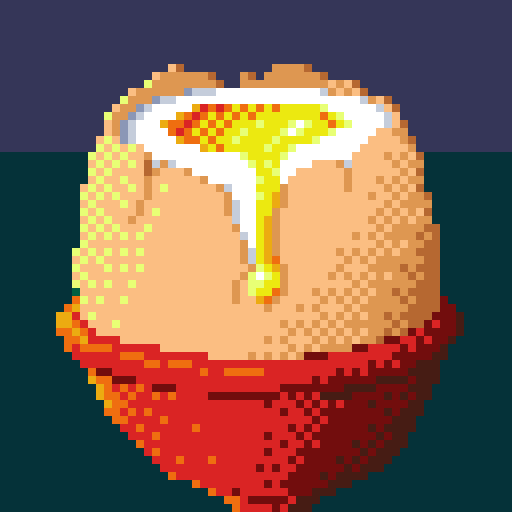 A soft-boiled topped egg sits in a red egg-cup. A bit of the yolk runs down it.