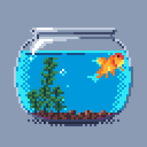 A round glass bowl with some gravel, aquatic plants, bubbles and a goldfish that is looking off to the right by the water surface.