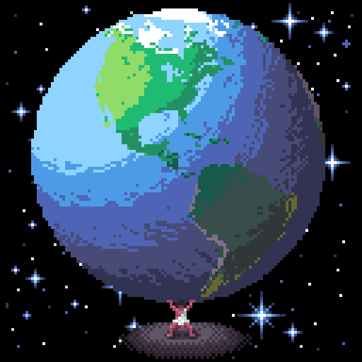 A tiny version of Atlas stands on... something... in the middle of space and holds up the entire world. His arms and knees are buckling under the stress.