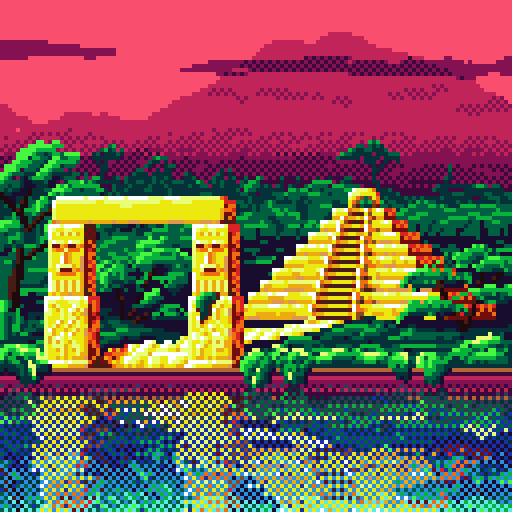 A golden ziggurat in a junglescape with a golden road leading to a golden archway by the riverside. A silhouette of a mountain range is visible against a crimson sky in the background.