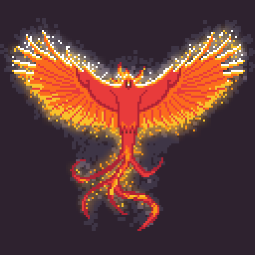 A large bird with wings spread, coloured like a flame, sparks coming off its wings, against a dark background.