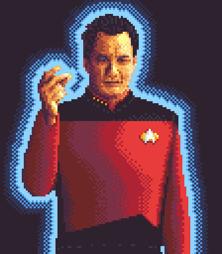 A pixel art rendition of the near-omnipotent entity Q from Star Trek performing his signature finger snap.
