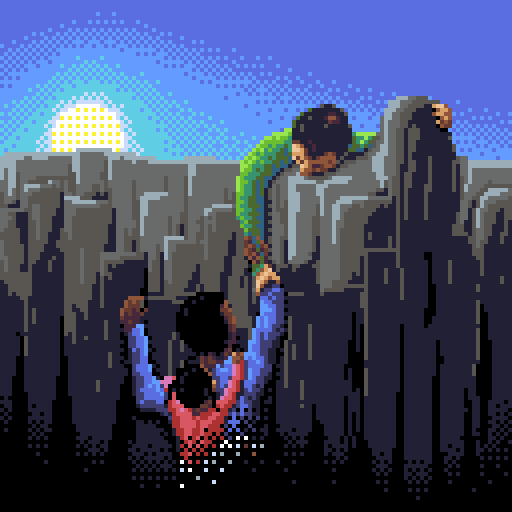 A young black man is climbing out of the darkness towards the sun shining above a cliff. His baby daughter is clinging to his back as he carries her. On top of the cliff is an older white man, grabbing the young man by his wrist, making sure he won't fall and helping to pull him up to safety.